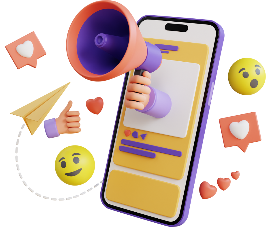 A cartoon smartphone with 3d emojis.