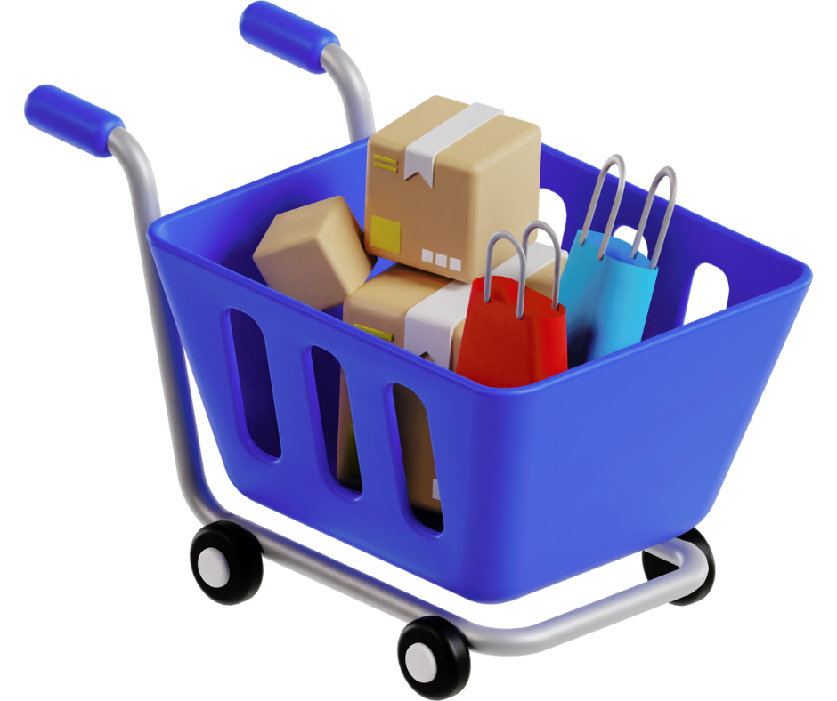 A shopping cart filled with parcels and shopping bags